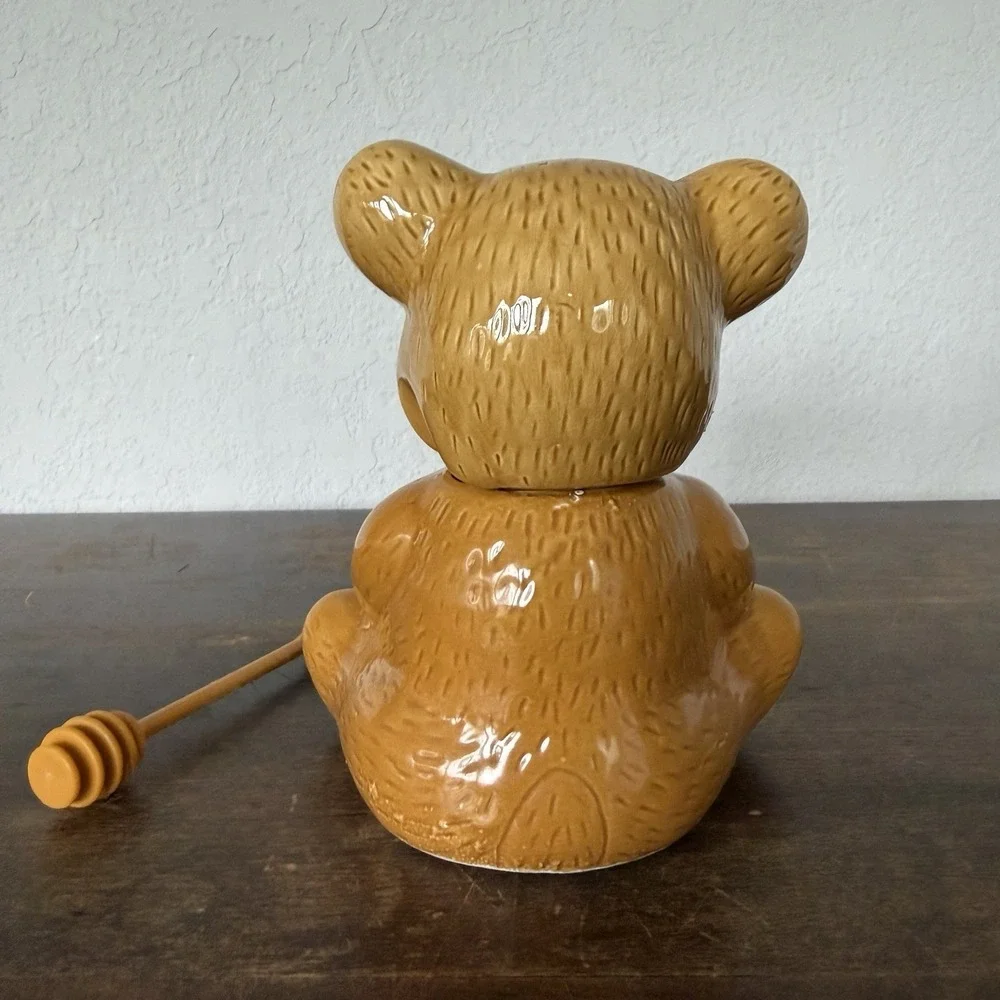 Vintage Ceramic Teddy Bear Honey Pot Jar with Removable Head‎ And Honey Dipper
